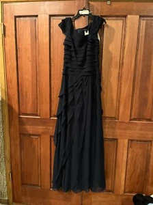 Tadashi Shoji Dress Navy Blue Silk Tiered Ruffle Floor Length Long Gown Size 4 - Picture 1 of 11