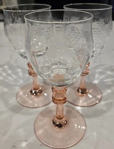 Vintage 3 Pink Depression Glasses Bohemia Czech Grapes Etched 6.25 Inches - Picture 1 of 4