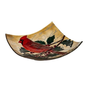 16.5" Hand Painted Embossed Square Glass Bird Bath, Holiday Cardinal - Picture 1 of 4