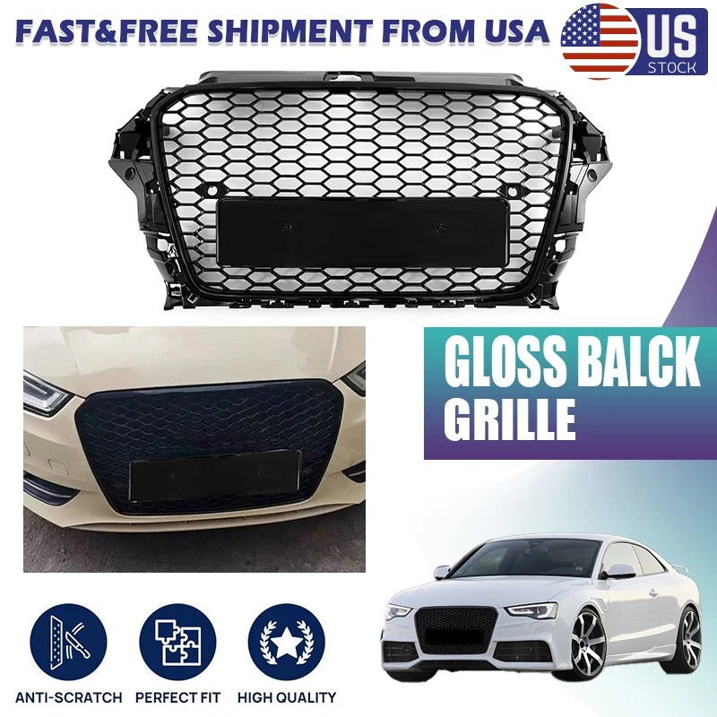 For 2014~2016 Audi A3 8V RS3 Style Front Grille (Glossy Black Frame + Honeycomb) Foto 1 de 4