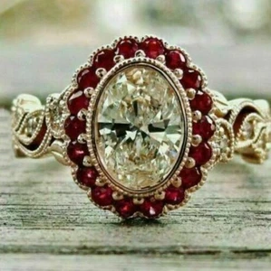 925 Sterling Silver Oval Cut Lab Created Ruby & 10x7mm Moissanite Victorian Ring - Picture 1 of 3