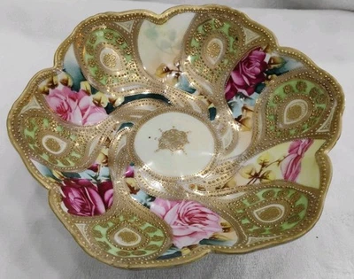 Beautiful Antique Nippon Porcelain Bowl W/Pink-Purple Flowers & Heavy Gold - Image 1 of 4