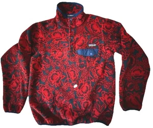 Patagonia Synchilla Red Blue Lotus Flower Snap-T Fleece Pullover Shirt Medium - Picture 1 of 9