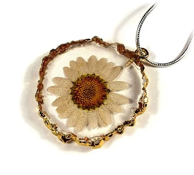 Vero Bianco Margherita IN 34mm Trasparente Lucite Ciondolo + 20 " Catena + - Immagine 1 di 4