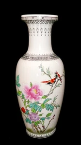 Vintage chinesische Familie Rose Xiangtuiping handbemalt Kalligraphie Blumen Vögel Vase - Bild 1 von 21