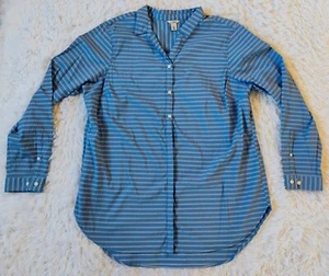 LL Bean XL Womens Travel Tunic Shirt Top Stretch Roll Tab Sleeve Blue Striped - Picture 1 of 11
