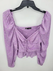 Zara Babydoll Oberteil Damen groß lila Blumen gesmokt Langarm cropped Rüschen - Bild 1 von 10