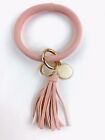 Pink Enamel Circle Leather Tassel Keychain Wristlet Bracelet NWOT