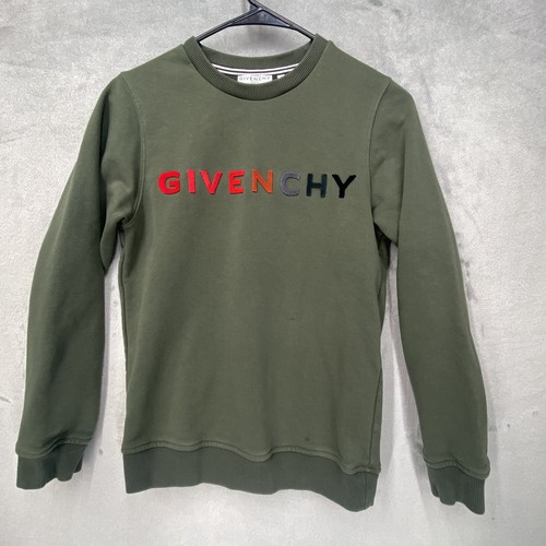 GIVENCHY Felpa unisex bambino givechy Paris taglia 12 verde oliva spellout mix media difetti