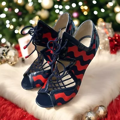 SALE Nicholas Kirkwood Blue Patent Striped Lace Up Boot Bootie Womens Size 37.5 - Image 1 of 4