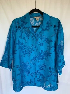 NWT TanJay Nygard 3/4 Sleeve Blue See Thru Floral Shirt/Cover-Up size Med - Picture 1 of 4