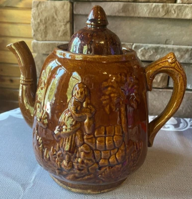 Antique Rare 1850s Rockingham Pottery Glazed TEA POT "Rebekah at the Well" 8" - Image 1 of 4
