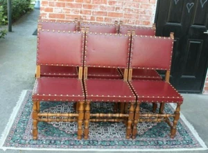 Set of 6 French Louis XIV Oak Chairs | Antique Red Vinyl Renaissance Style - Picture 1 of 8
