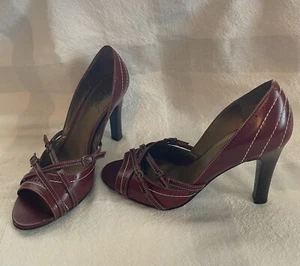 Carlos by Carlos Santana Leather High Heel Shoes Mahogany Open Toe Size 7.5 M - Picture 1 of 19