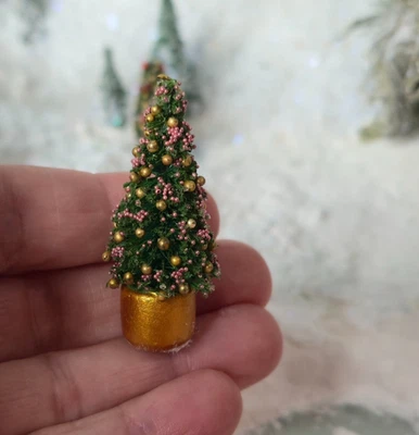 Miniature Dollhouse Mini Christmas Tree Gold Pot Decorated Pink Gold Ornaments - Image 1 of 4