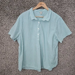 L.L. Bean Top Womens Plus 2X Teal Striped Seersucker Popover Short Sleeve Blouse - Picture 1 of 7