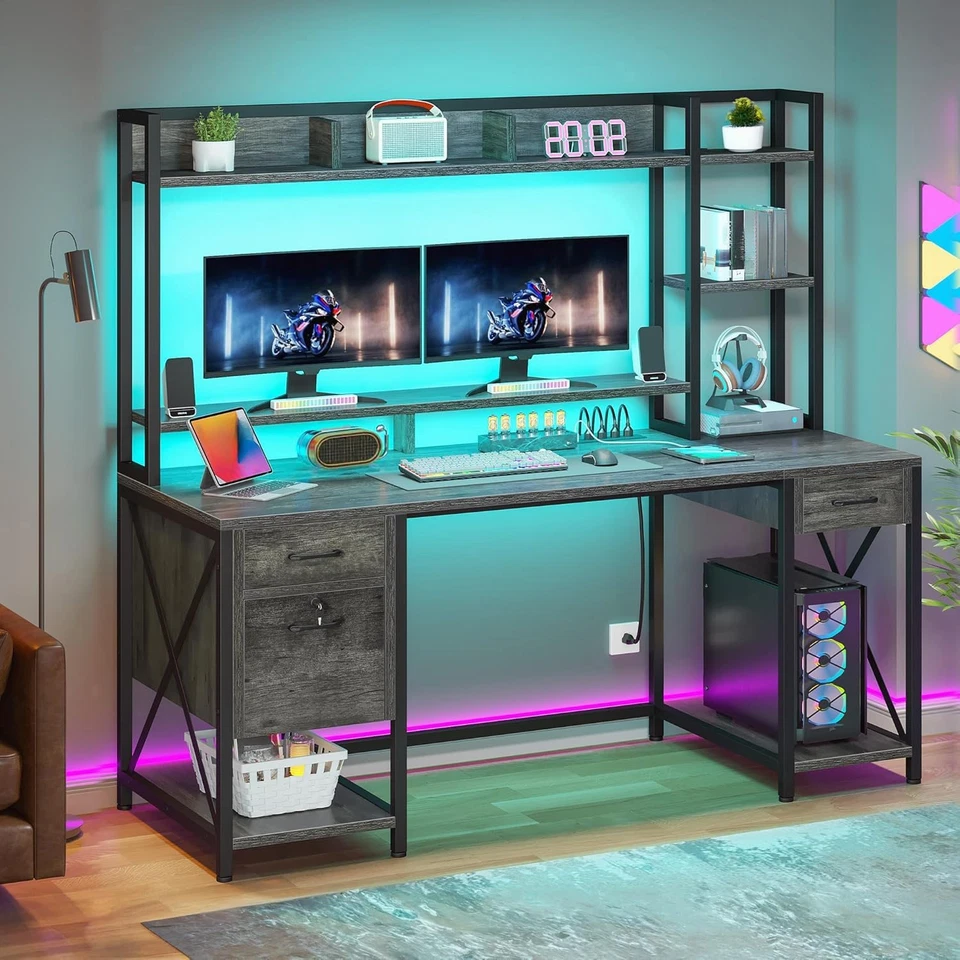 Escritorio de Ordenador con Funda y Cajones, Escritorio de Oficina 59" con Tomas de Corriente, Gaming D Foto 1 de 4