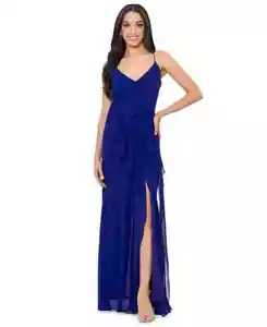 Betsy & Adam Women's Ruffle-Trim Spaghetti-Strap Gown Formal Maxi Dress Blue 4 - Picture 1 of 12