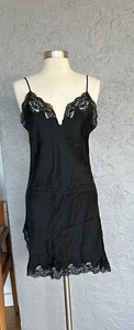Vintage Black washed saten silk with lace trim v front, short full slip - Picture 1 of 11