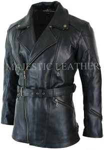 Mens Black 3/4 Motorcycle Biker Long Cow-Hide Leather Jacket/Coat - Picture 1 of 6