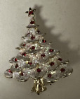 Vintage Christmas Tree Brooch Pin White And Red Rhinestones 2”