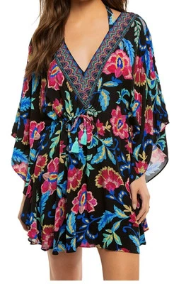 全新 La Blanca S 码 小号 V 领长衫 泳装 遮盖 黑色 花卉 连衣裙 全新带标签 — 第 1/4 张图片