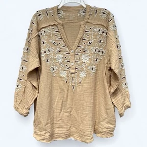karyn seo Tan Boho Embroidered Blouse Size S - Picture 1 of 9