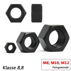 Sechskant-Muttern M8 M10 M12 Metrisch Feingewinde DIN 934 Klasse 8 Stahl Schwarz - Picture 1 of 8