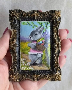 ACEO Original Acrylic Painting Miniature on Plaster Easter Bunny 3,7 x2,7 in. - Picture 1 of 10