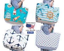 Women Tote Canvas Beach Bag Nautical Ladies Shopping Full Zip Rope Handle Bags