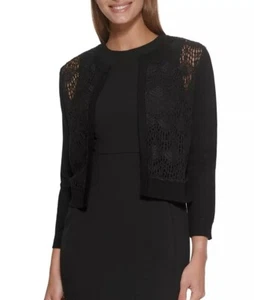 DKNY Lace Open-Front Black Cardigan Sheer Cotton Blend Cropped Size S NWT - Picture 1 of 9