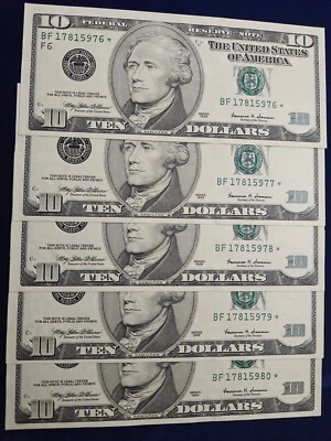 🌟(5) $10 1999 *BF* Star Federal Reserve Notes Sequential Serial #s UNC - Image 1 of 2