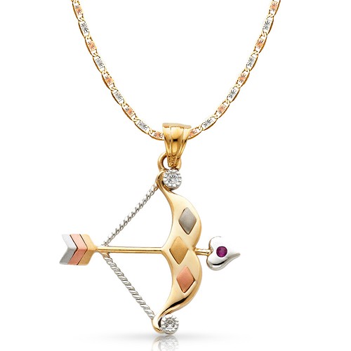 Ciondolo Charm Fiocco e Freccia Oro 14K Tricolore Zirconi 4 8mm Catena Stella Valentino