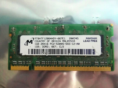Micron MT8HTF12864HDY-667E1 1GB DDR2 2RX16 PC2-5300S-555-14-A0 Lead Free Memory - Image 1 of 3