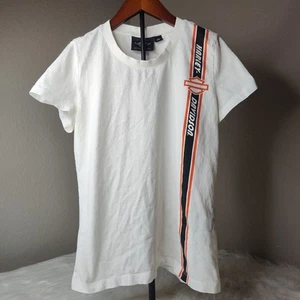 Harley Davidson Genuine Motorclothes Tee White Orange Stripe Women’s Size Medium - Picture 1 of 3