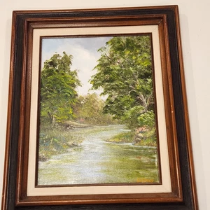 Vintage Ed Emery Oil Painting On Canvas Nature River Scene Signed Fredrix Frame - Picture 1 of 12