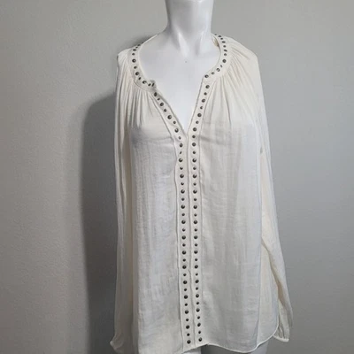Vince Camuto large blouse cream studs pleated sheer longsleeve v-neck - Image 1 of 4