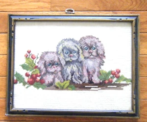 Antique hand combo needlepoint work canvas tapestry of 3 beautiful dogs. - Picture 1 of 6