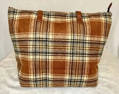 Plaid Check Shoulder Tote Bag with Matching Wristlet in Orange/Brown/Black - Image 1 of 4