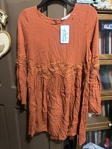 Crochet Lace Detail Bell Sleeve Dress Rust Size S - Picture 1 of 9