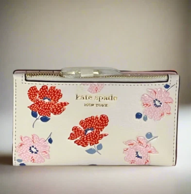 Cartera Kate Spade Morgan Floral Delgada Doble Pliegue Identificación Mujer Cuero Lunteado Blanco ORGPKG Foto 1 de 4
