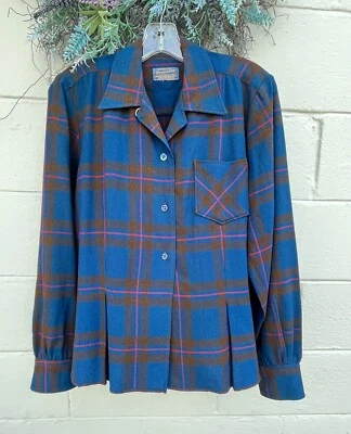 复古女式 1930 年代 - 40 年代 Pendleton 羊毛格子长袖衬衫 1 口袋 #104 — 第 1/4 张图片