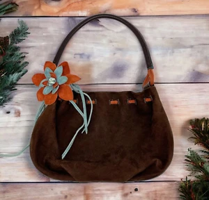 Ginza Kanematsu Leather Bag Handbag Brown Women With Leather Flower 13”x9” - Picture 1 of 15