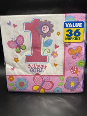 AMSCAN 1er Dulce CUMPLEAÑOS Niña SERVILLETAS DE ALMUERZO 36 unidades 2 capas Mariposas Flor Foto 1 de 2
