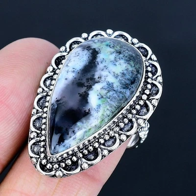 Кольцо ручной работы с дендритовым опалом покрытие серебро 925 размер США 8 - Изображение 1 из 3