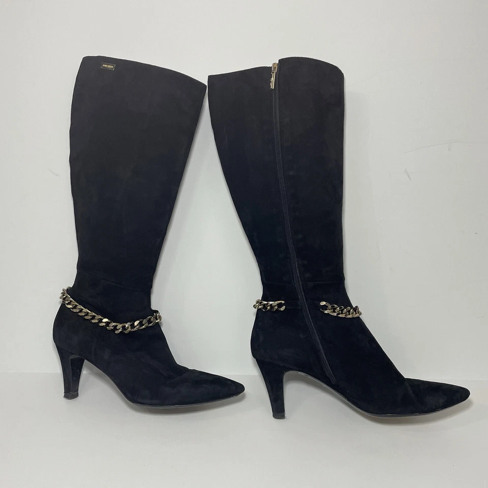 Botas de gamuza Marina Rinaldi negras altas hasta la rodilla ancho pantorrilla cadena detalle 10US $1200 Foto 1 de 4