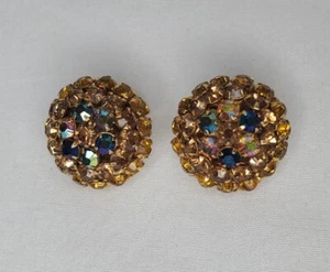 Orecchini Kramer Vintage Tono Oro Tono Ambra Strass Aurora Boreale Firmati - Foto 1 di 12