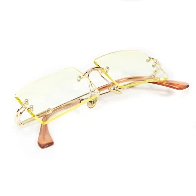 Canary Yellow Tint Men’s Retro Rectangle Buffs Gold Hip Hop Rimless Sunglasses  - Image 1 of 4