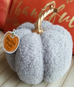Decorative Light Gray Sherpa Fabric Pumpkin Figurines Fall Halloween Decor - Picture 1 of 6