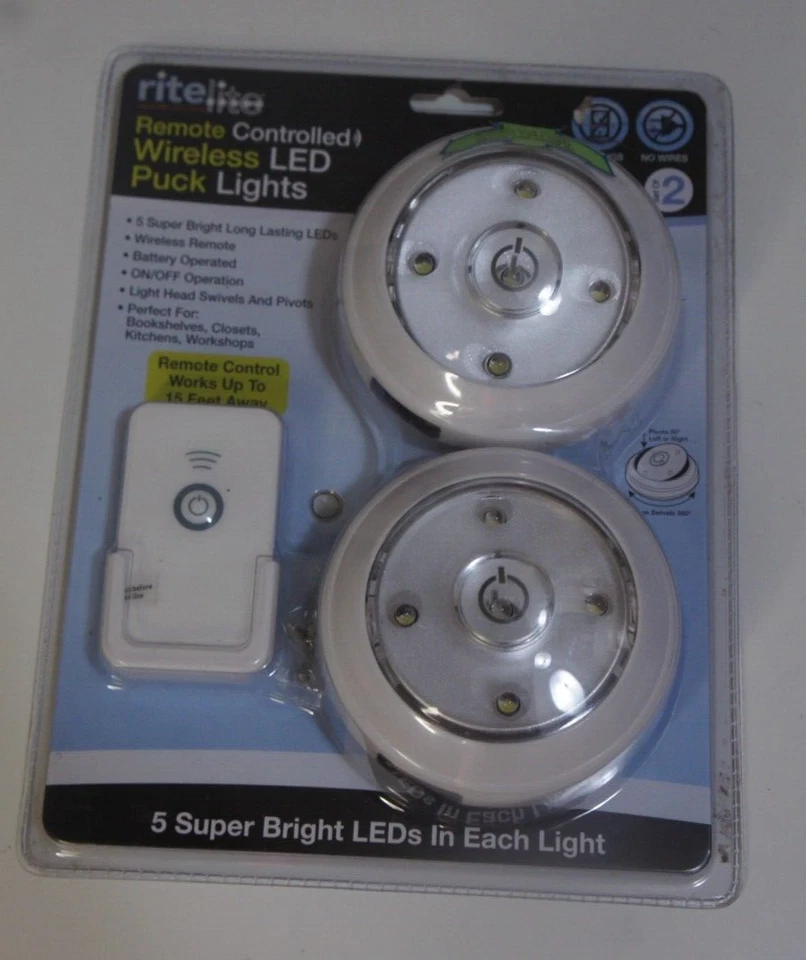 Rite Lite Remote Controlled Wireless LED Puck Lights Set of 2 Easy Install - Image 1 of 4
